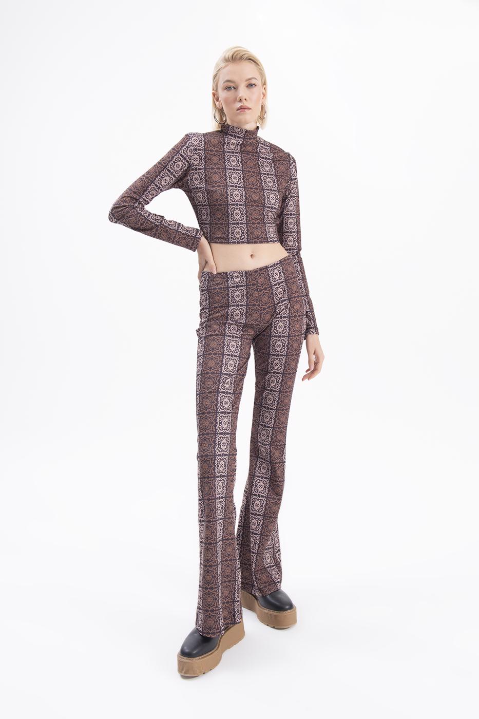 Bayan Siyah İspanyol Paça Desenli Pantolon