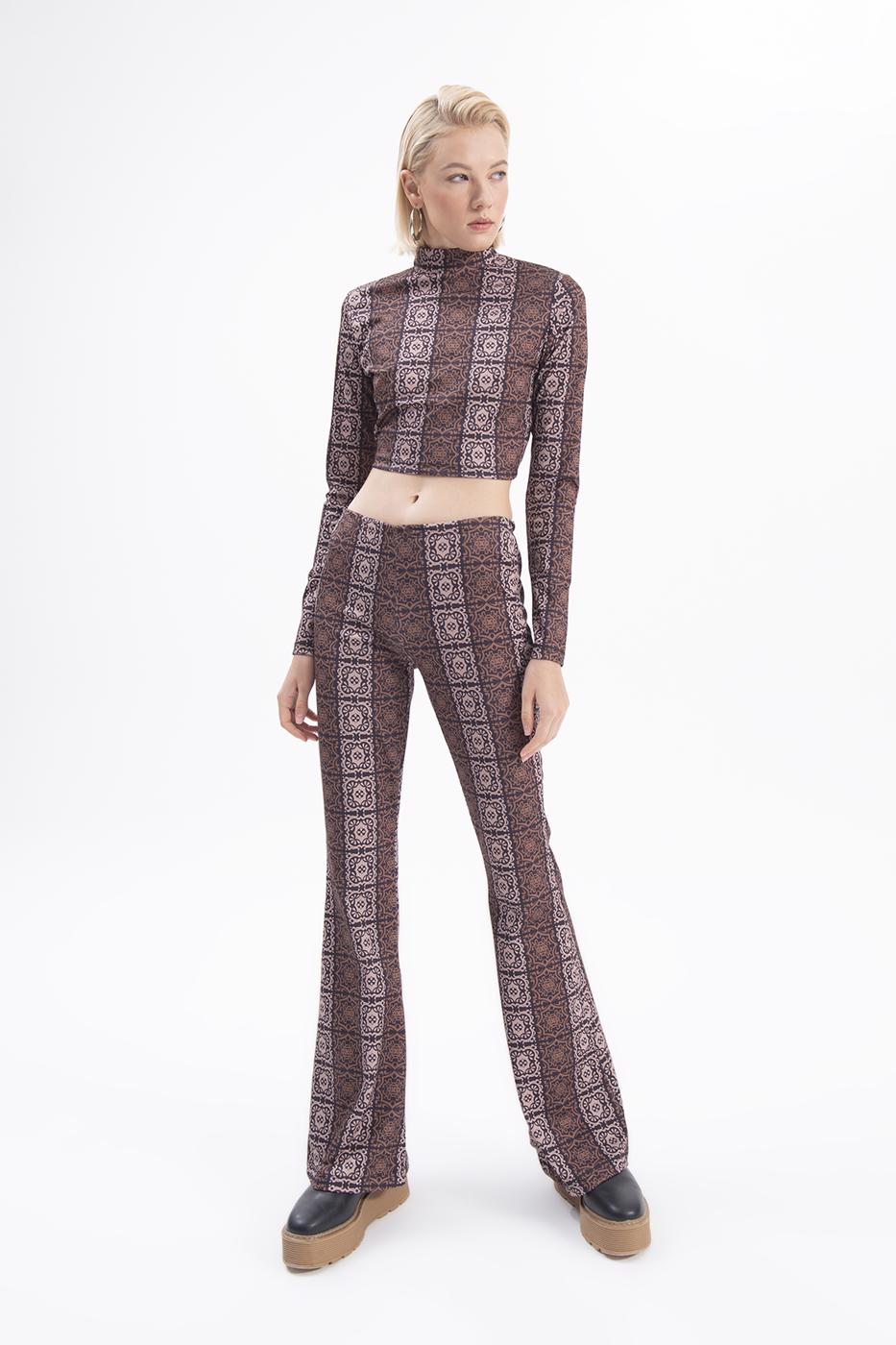 Bayan Siyah İspanyol Paça Desenli Pantolon