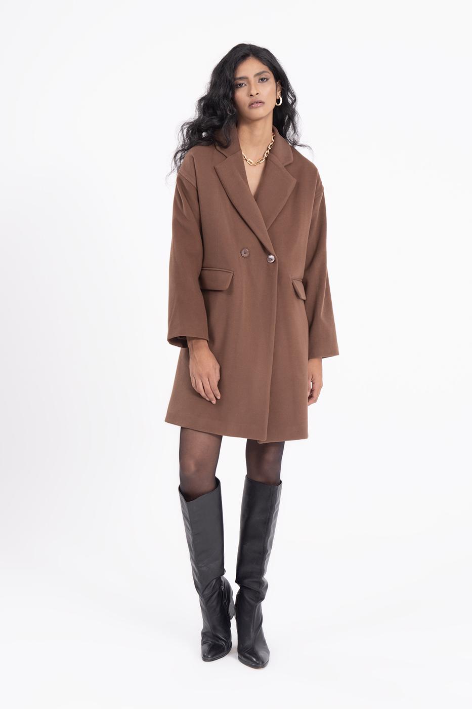 Bayan Kahverengi Oversize Kaşe Kaban