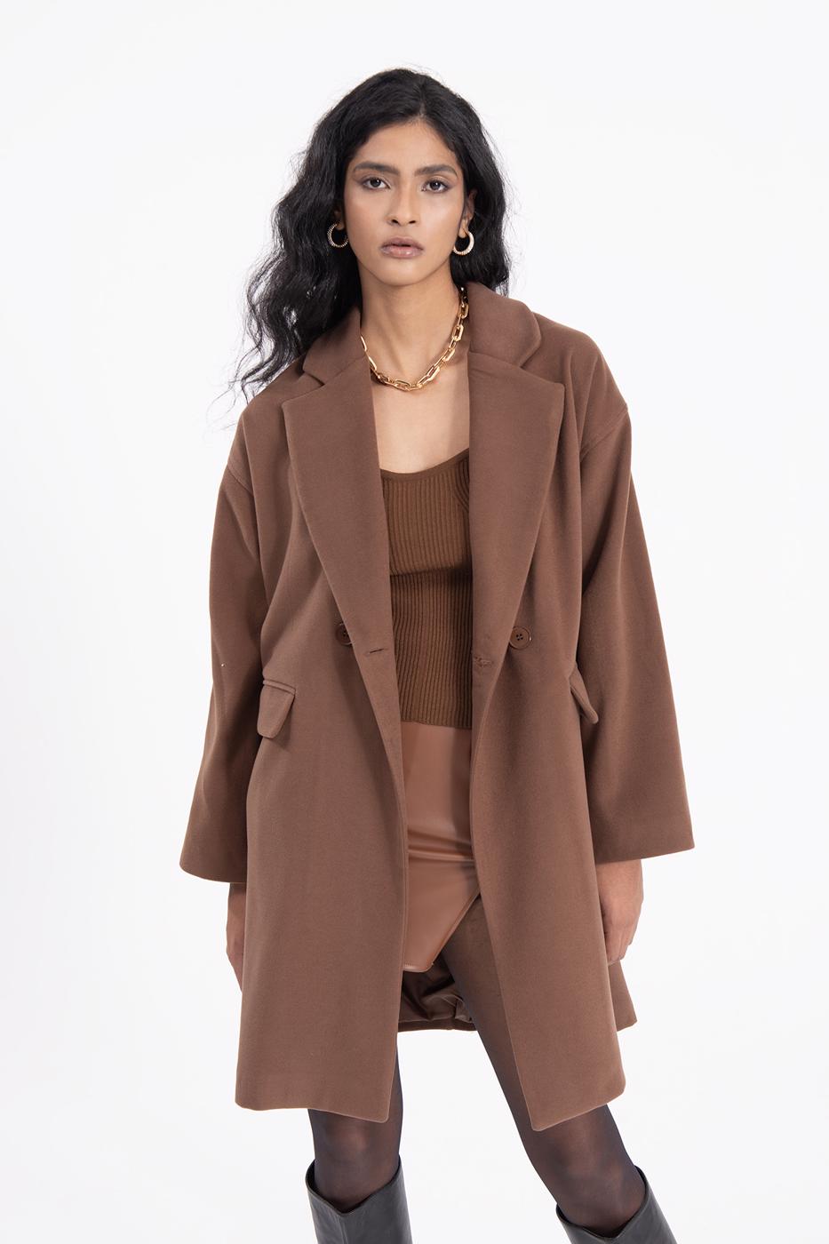 Bayan Kahverengi Oversize Kaşe Kaban