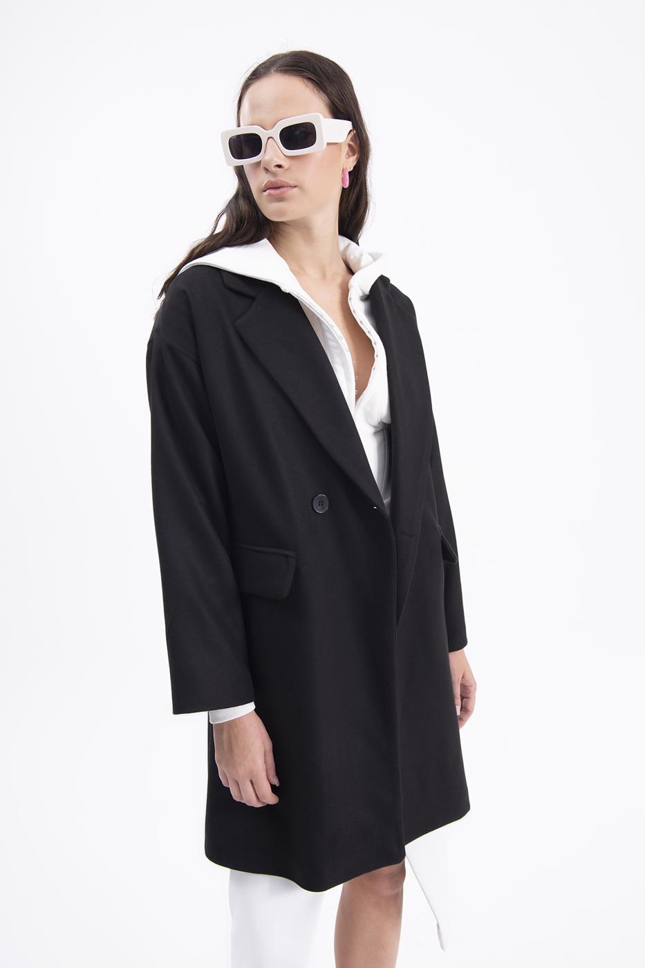 Bayan Siyah Oversize Kaşe Kaban