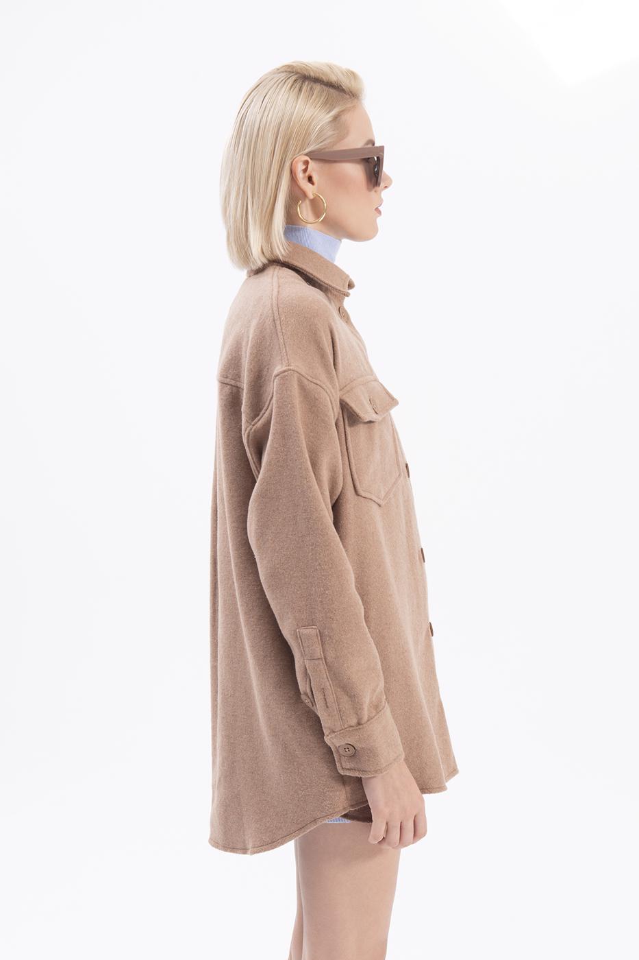 Bayan Camel Çift Cepli Gömlek Ceket