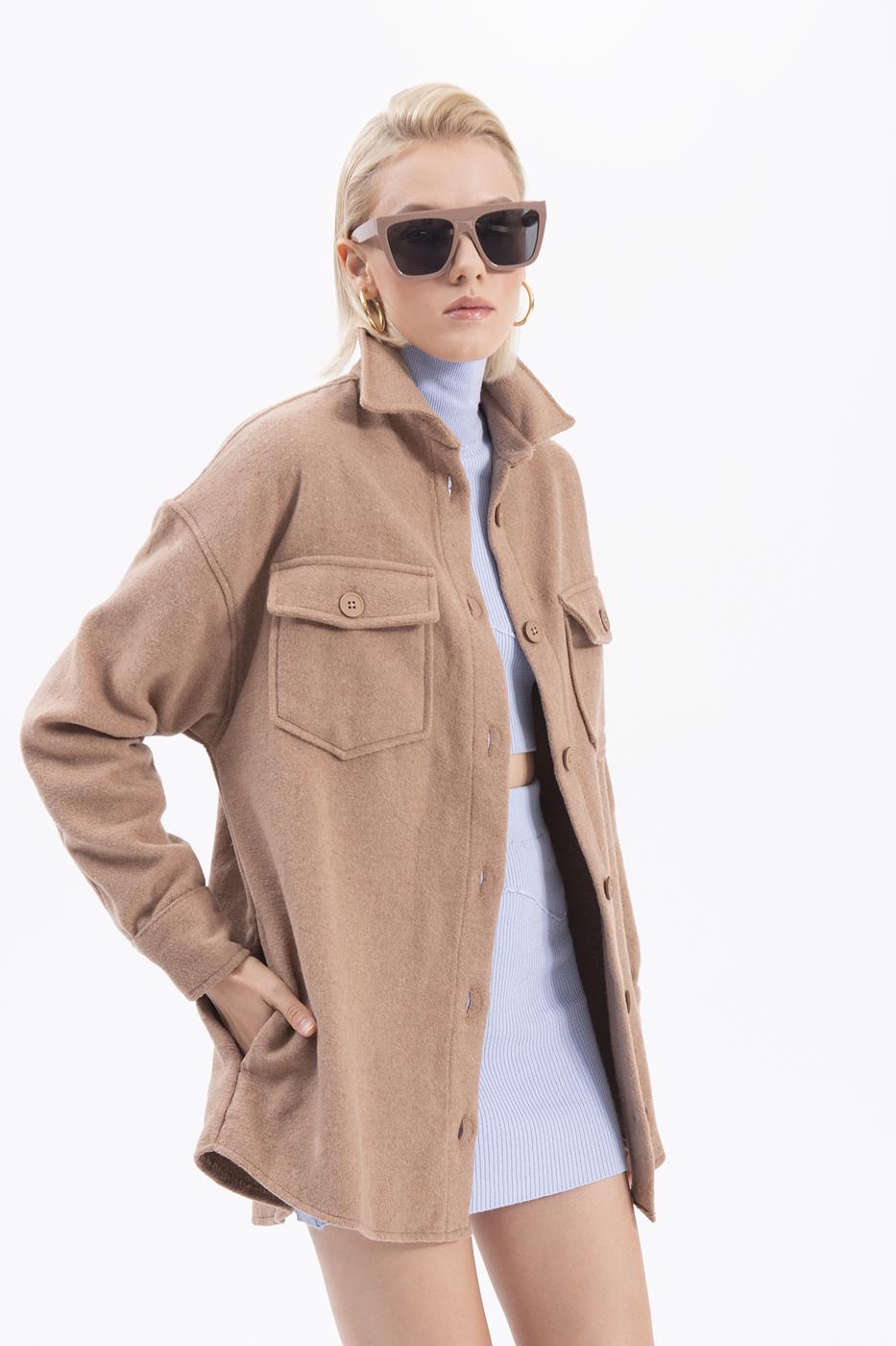 Bayan Camel Çift Cepli Gömlek Ceket