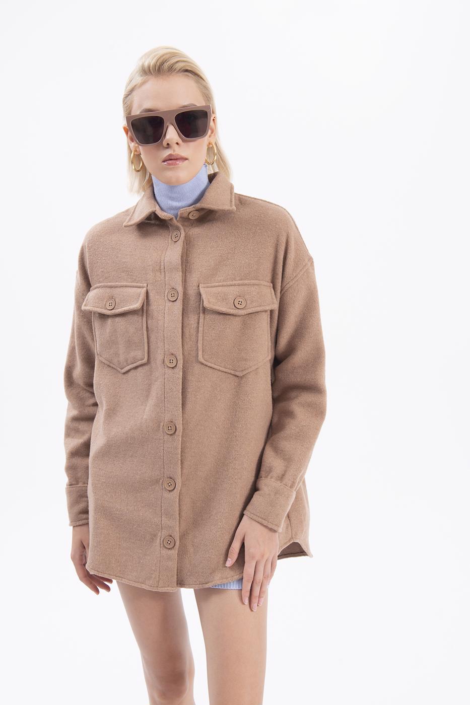 Bayan Camel Çift Cepli Gömlek Ceket