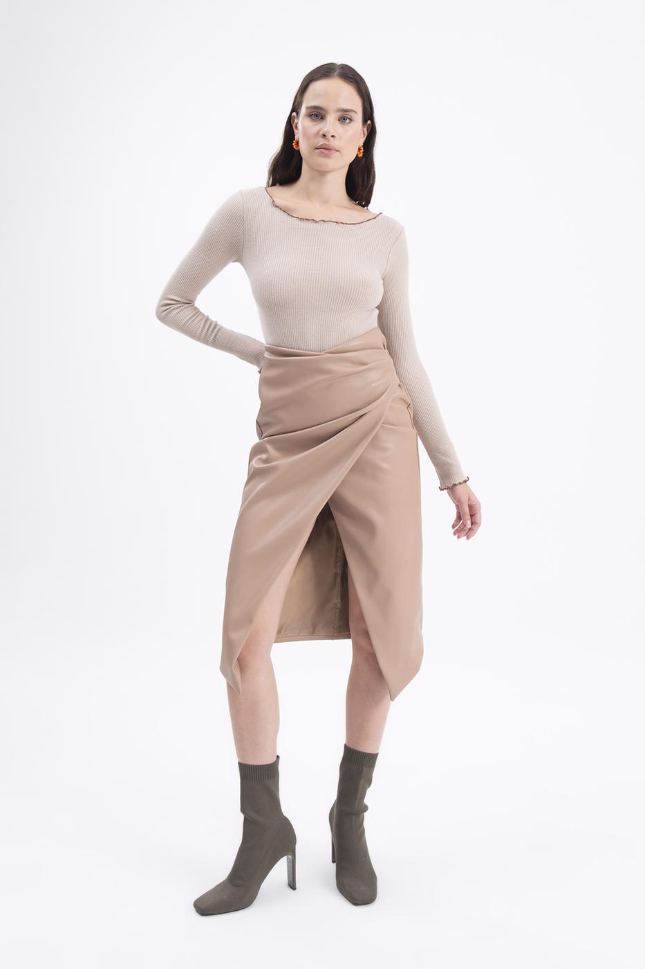 Bayan Bej Drapeli Suni Deri Midi Etek