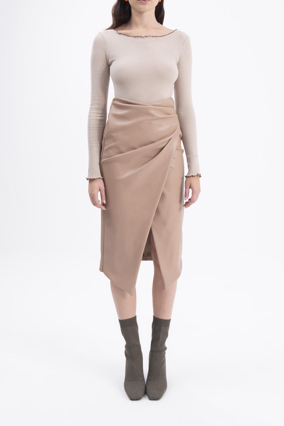 Bayan Bej Drapeli Suni Deri Midi Etek