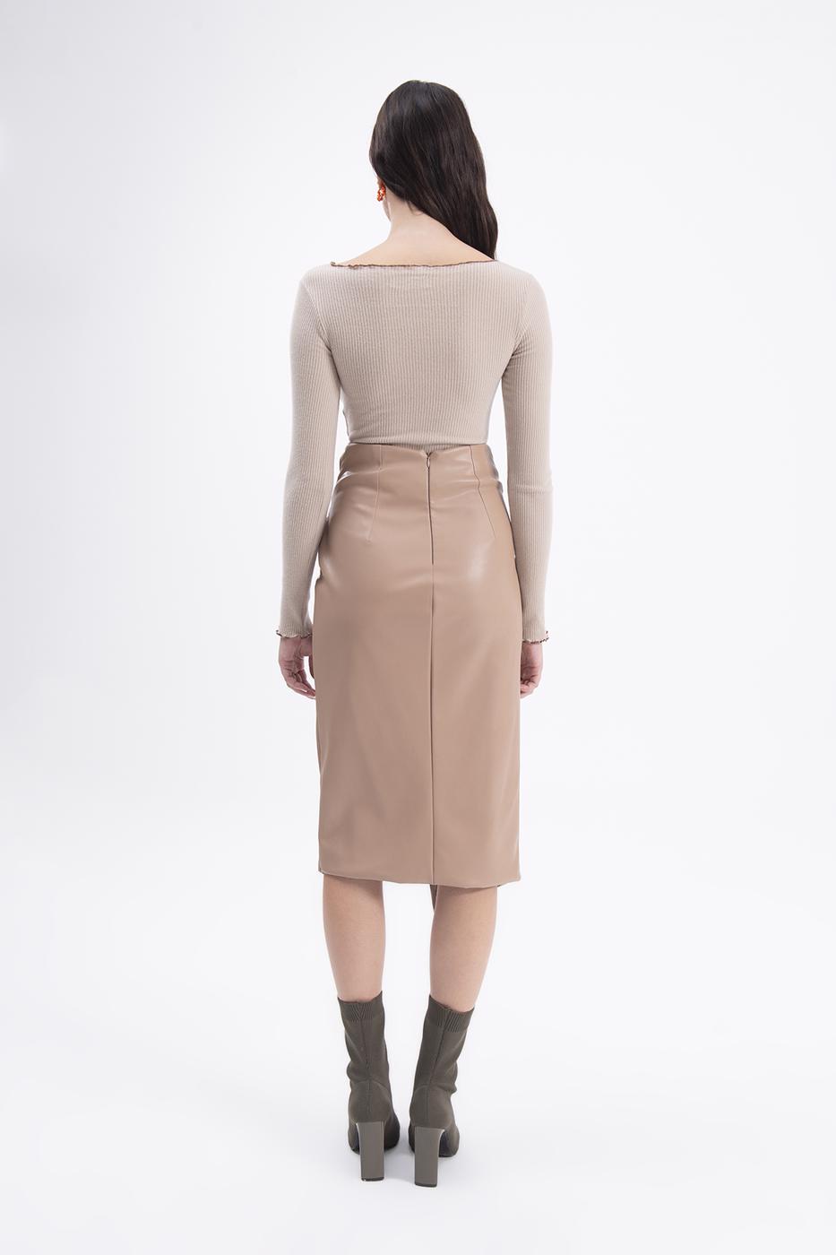 Bayan Bej Drapeli Suni Deri Midi Etek