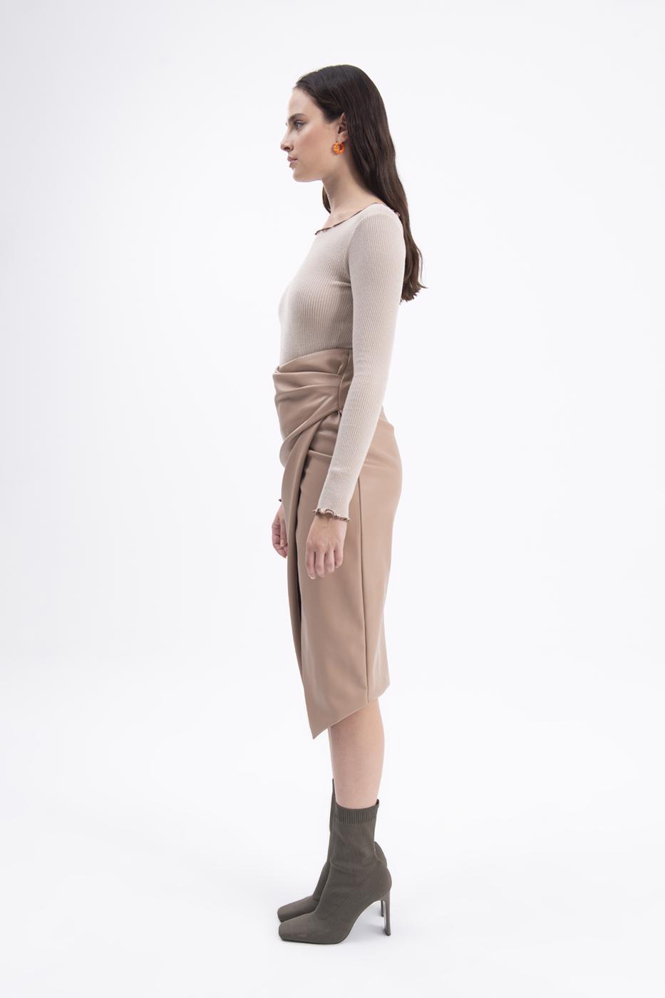 Bayan Bej Drapeli Suni Deri Midi Etek