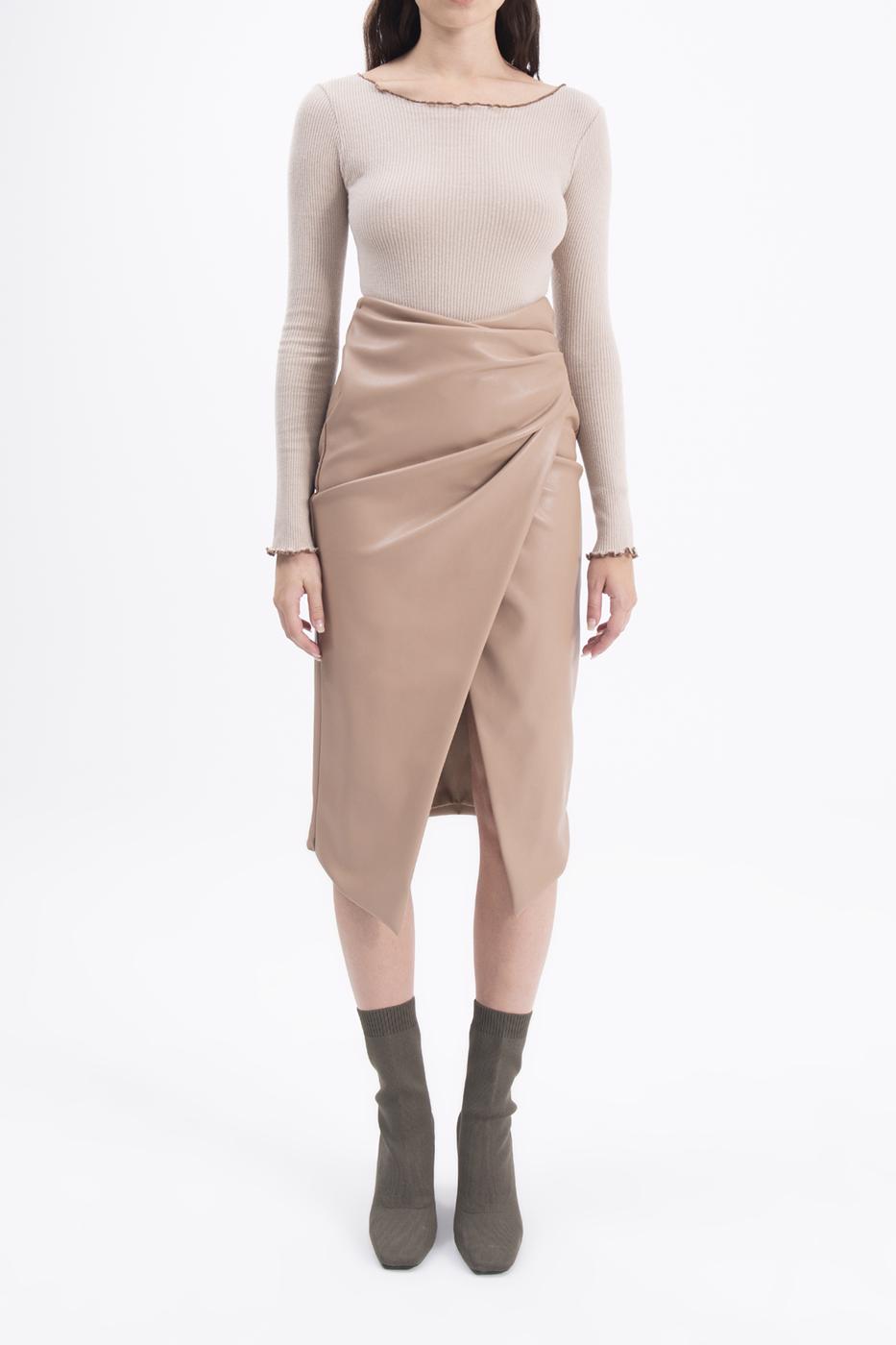 Bayan Bej Drapeli Suni Deri Midi Etek