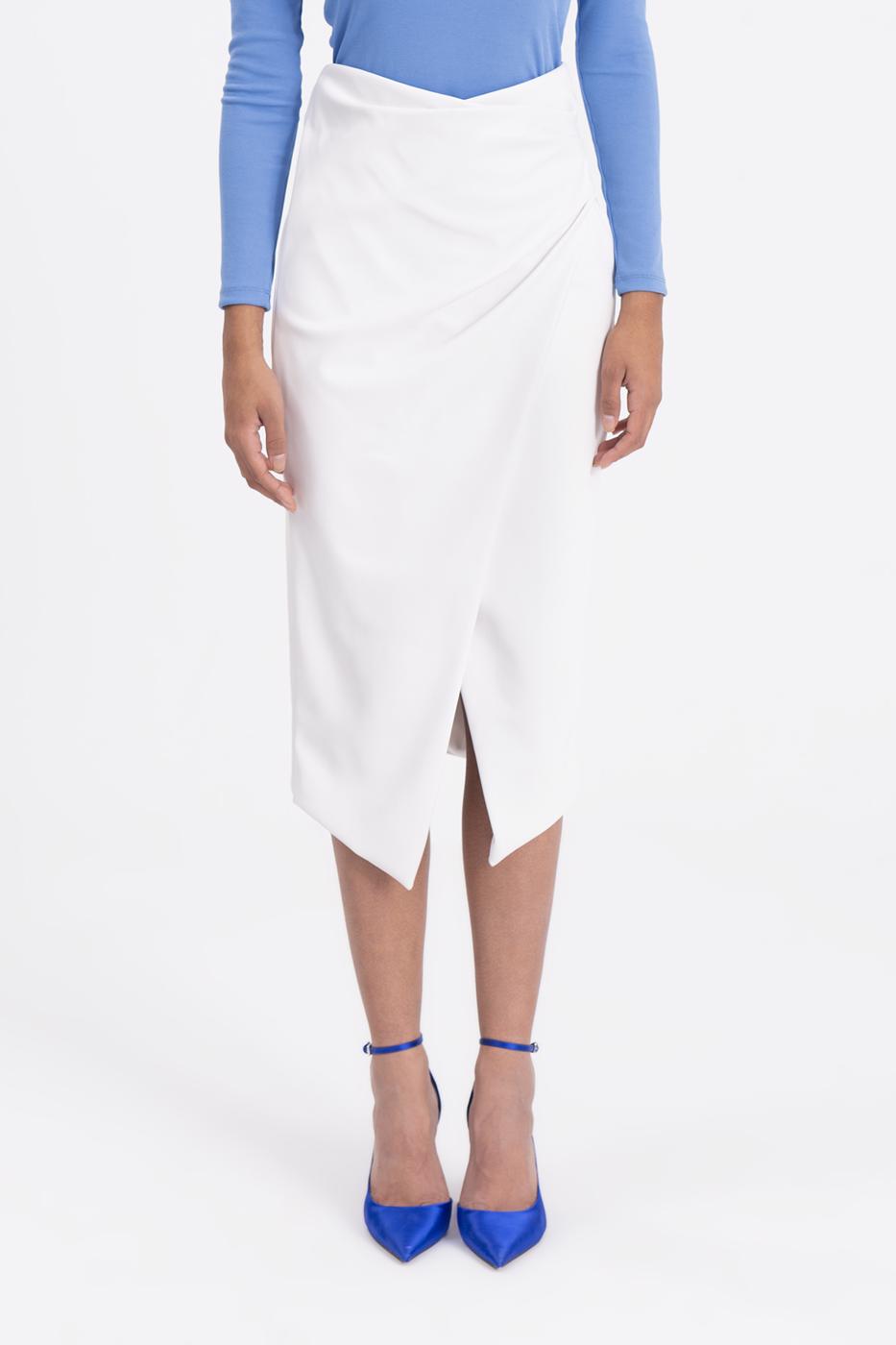 Bayan Ekru Drapeli Suni Deri Midi Etek