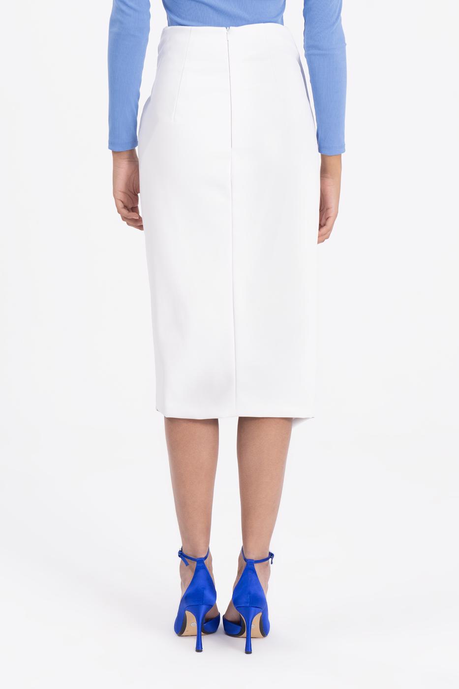 Bayan Ekru Drapeli Suni Deri Midi Etek