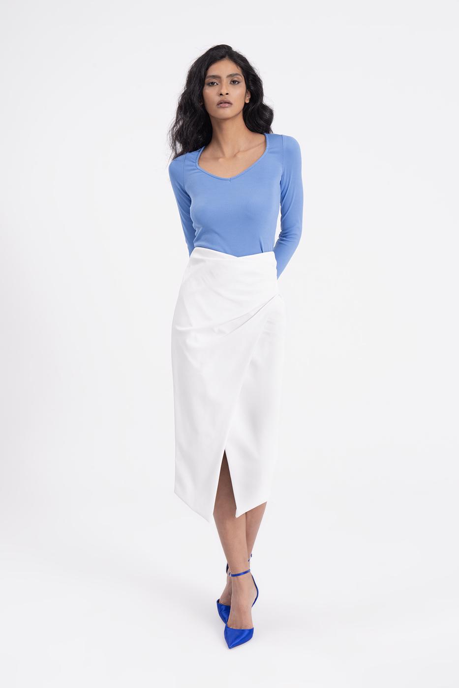 Bayan Ekru Drapeli Suni Deri Midi Etek