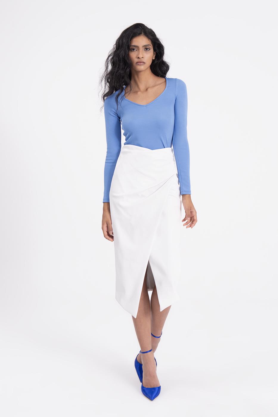 Bayan Ekru Drapeli Suni Deri Midi Etek