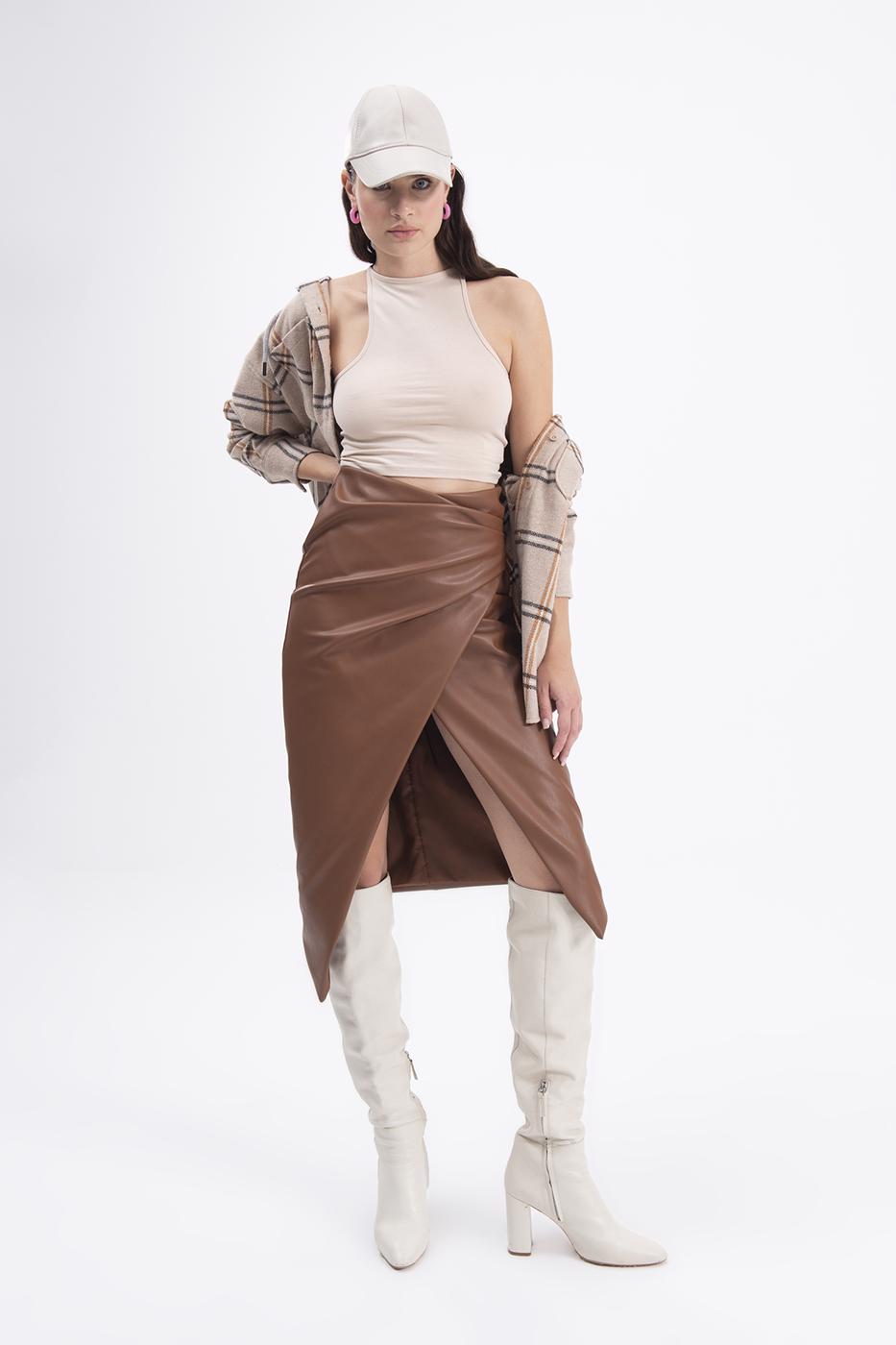 Bayan Taba Drapeli Suni Deri Midi Etek