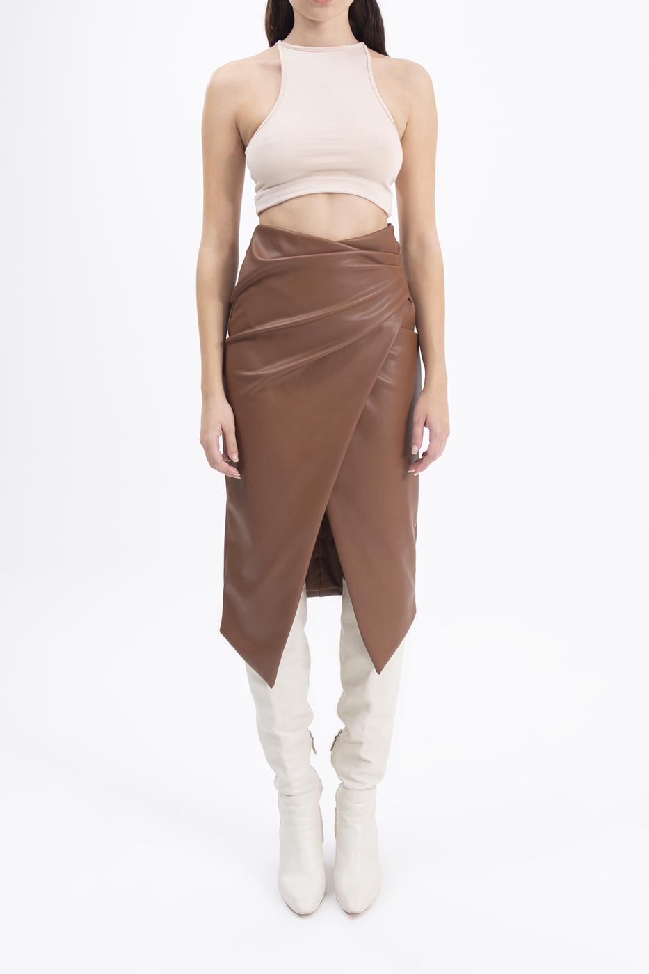 Bayan Taba Drapeli Suni Deri Midi Etek