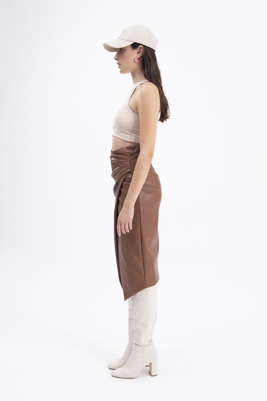 Bayan Taba Drapeli Suni Deri Midi Etek