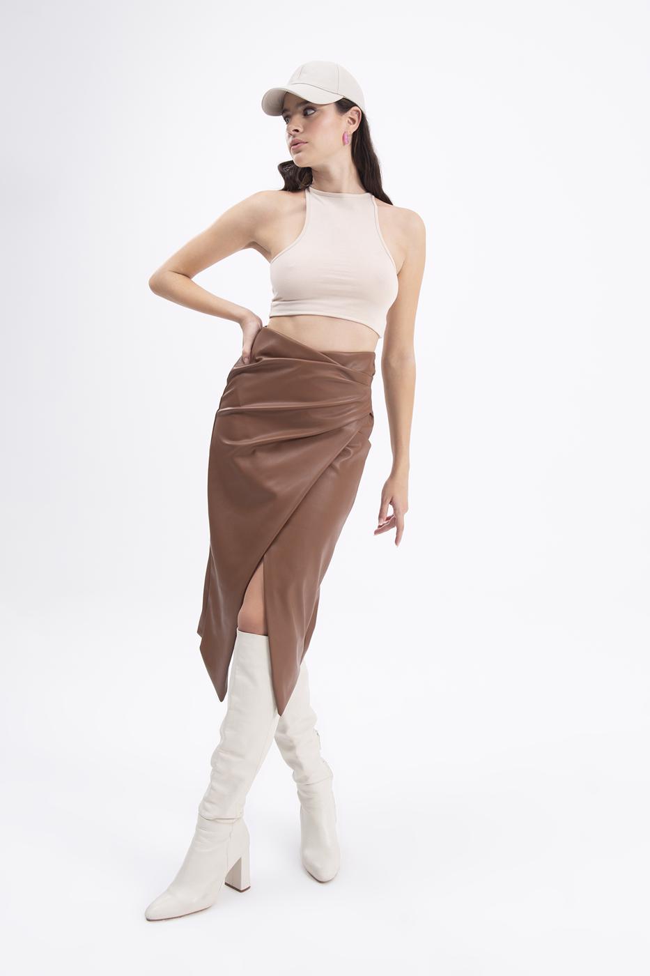 Bayan Taba Drapeli Suni Deri Midi Etek