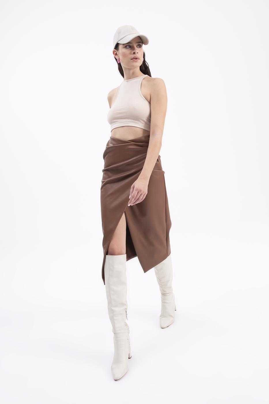 Bayan Taba Drapeli Suni Deri Midi Etek