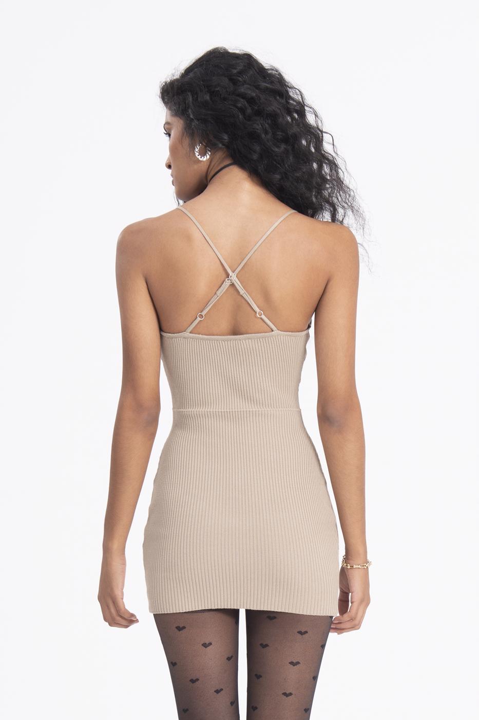 Bayan Bej Askılı Triko Mini Elbise