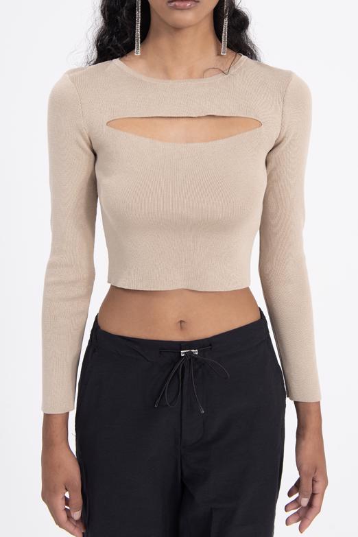 Bayan Bej Pencere Detaylı Triko Top - BSL