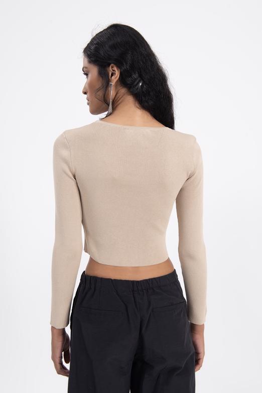 Bayan Bej Pencere Detaylı Triko Top - BSL