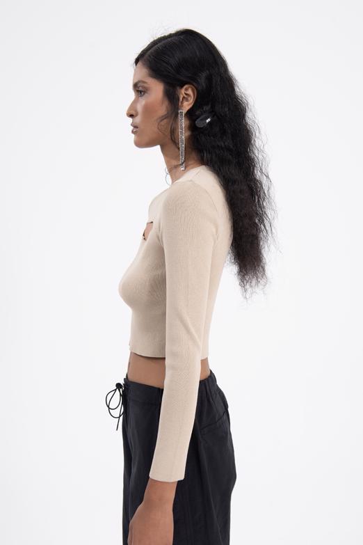 Bayan Bej Pencere Detaylı Triko Top - BSL