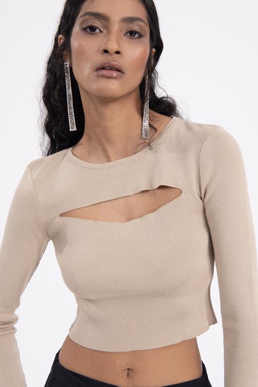 Bayan Bej Pencere Detaylı Triko Top - BSL