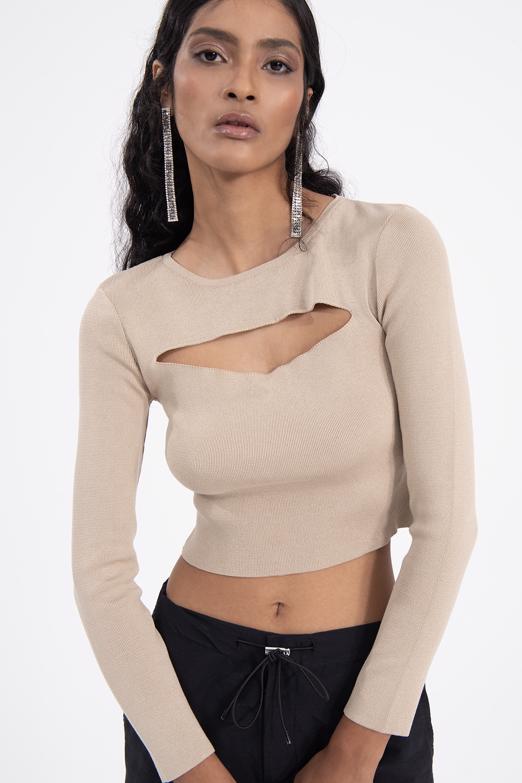 Bayan Bej Pencere Detaylı Triko Top - BSL