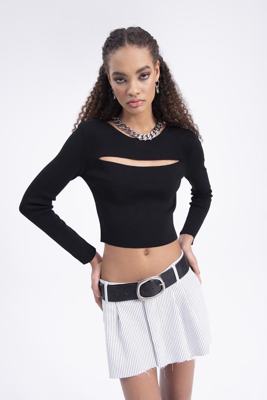 Bayan Siyah Pencere Detaylı Triko Top - BSL