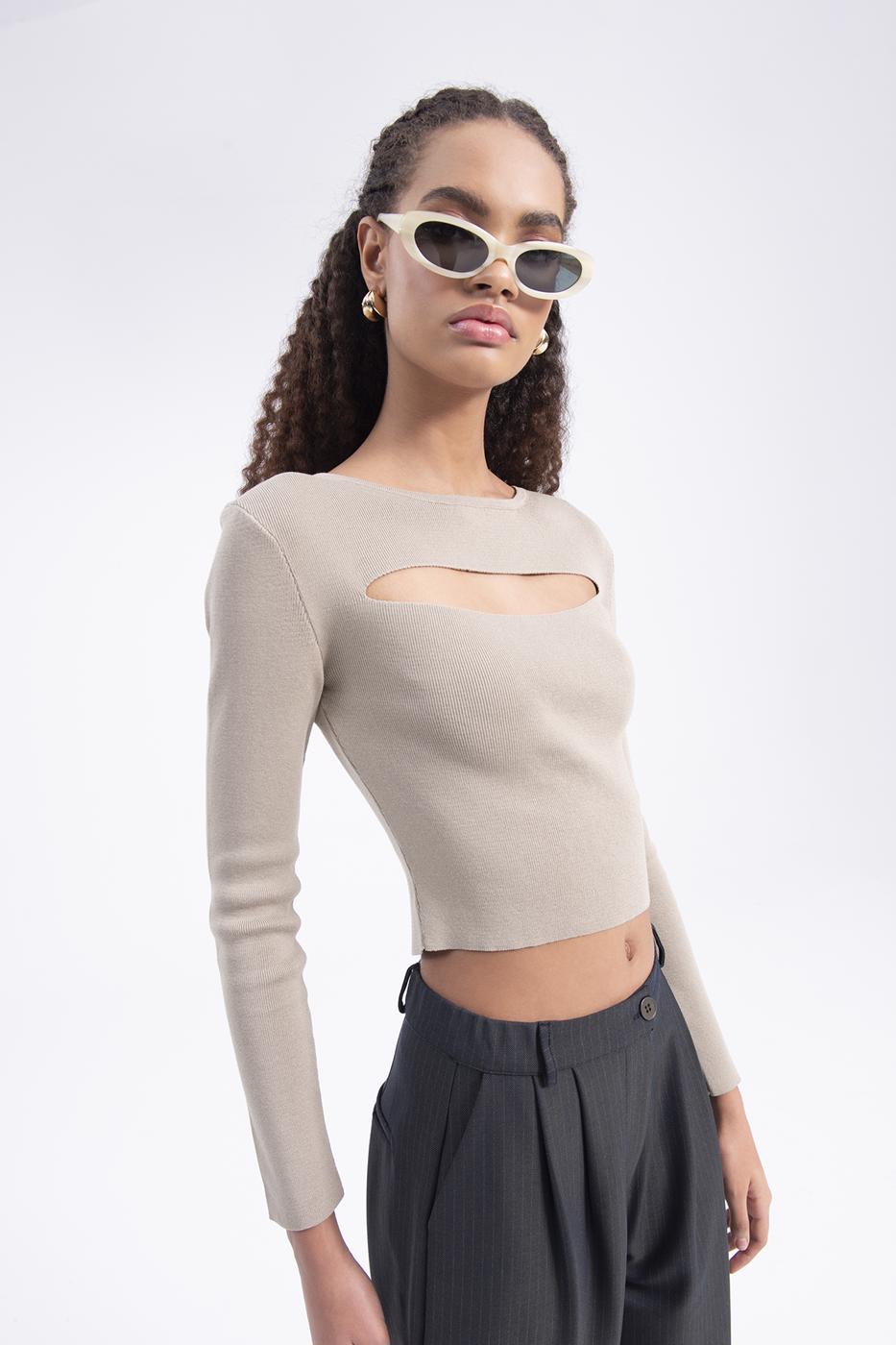 Bayan Taş Pencere Detaylı Triko Top