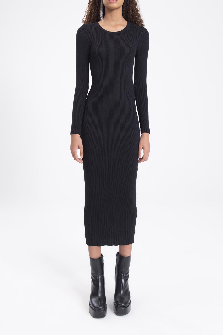 Bayan Siyah Sırt Pencereli Triko Midi Kalem Elbise