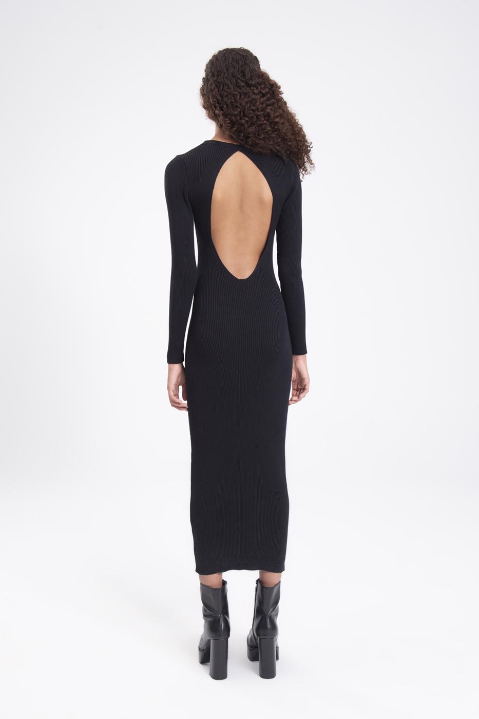 Bayan Siyah Sırt Pencereli Triko Midi Kalem Elbise