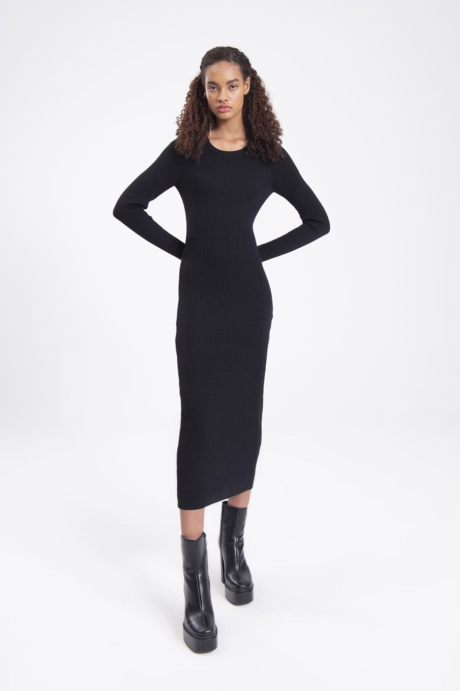 Bayan Siyah Sırt Pencereli Triko Midi Kalem Elbise