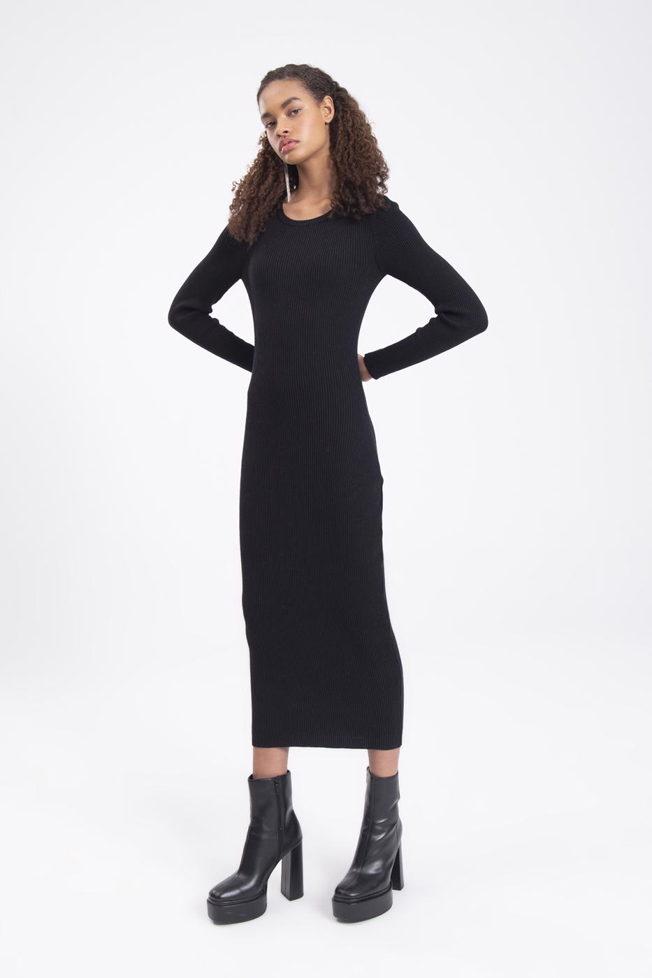 Bayan Siyah Sırt Pencereli Triko Midi Kalem Elbise