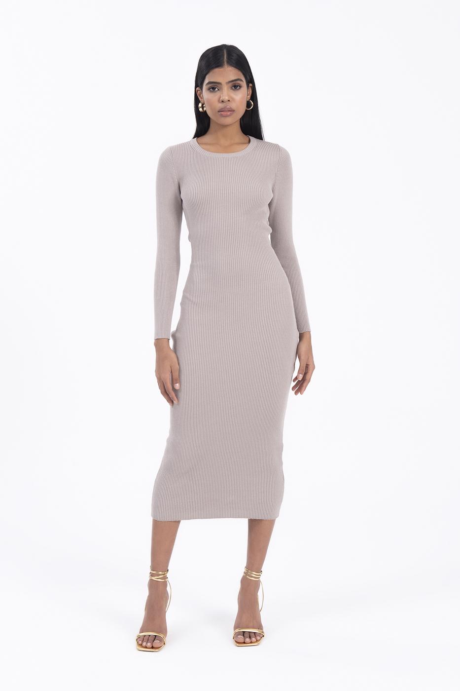 Bayan Taş Sırt Pencereli Triko Midi Kalem Elbise