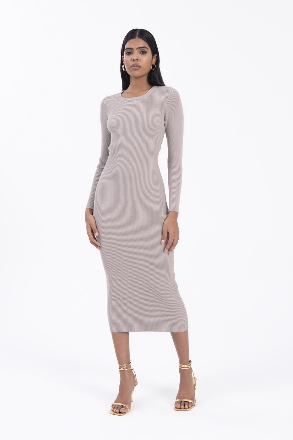 Bayan Taş Sırt Pencereli Triko Midi Kalem Elbise