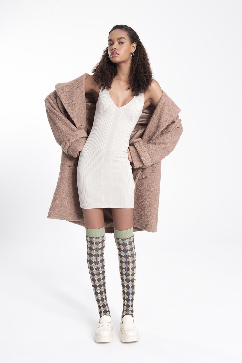 Bayan Bej Askılı Mini Triko Elbise