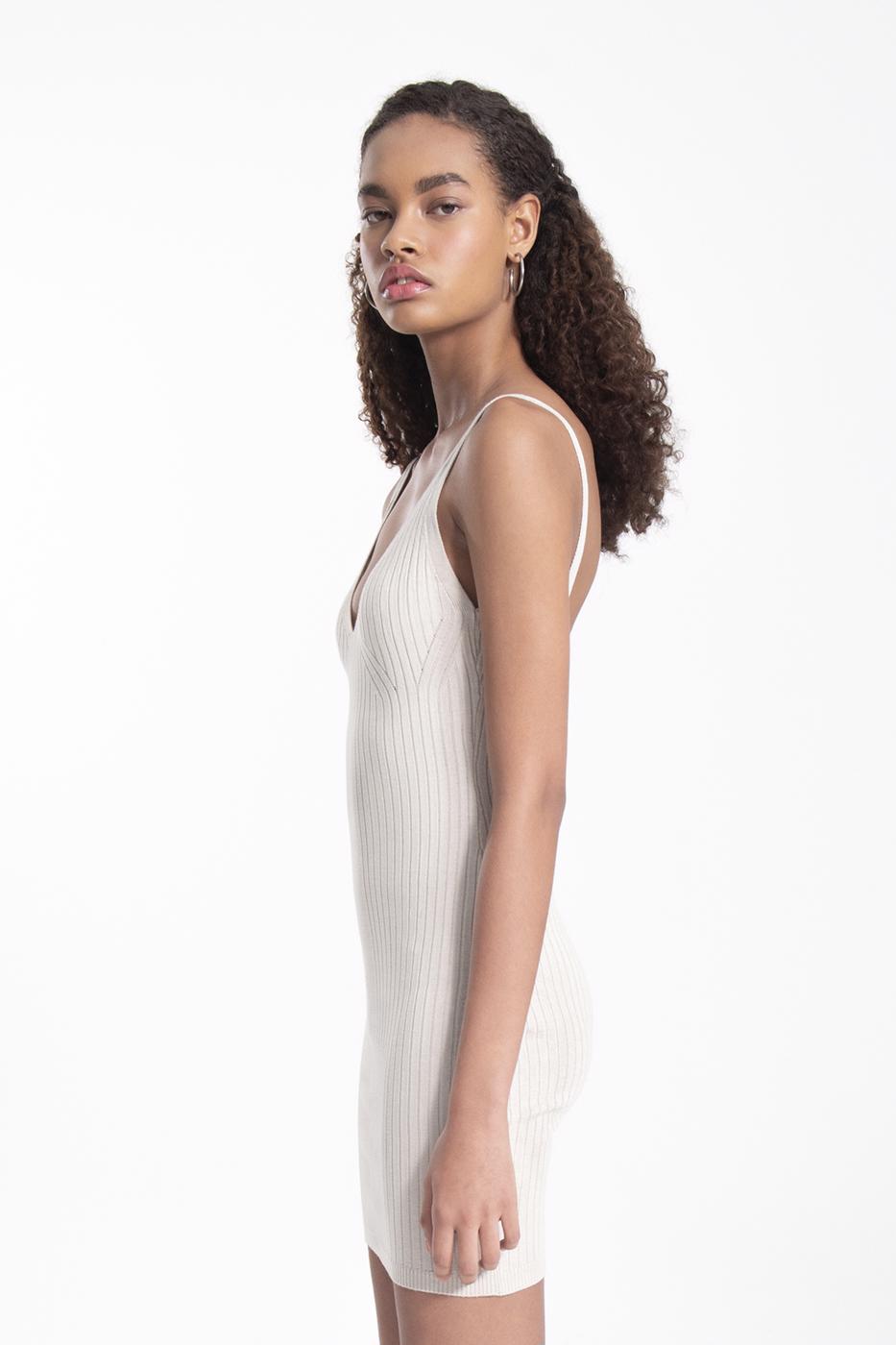 Bayan Bej Askılı Mini Triko Elbise