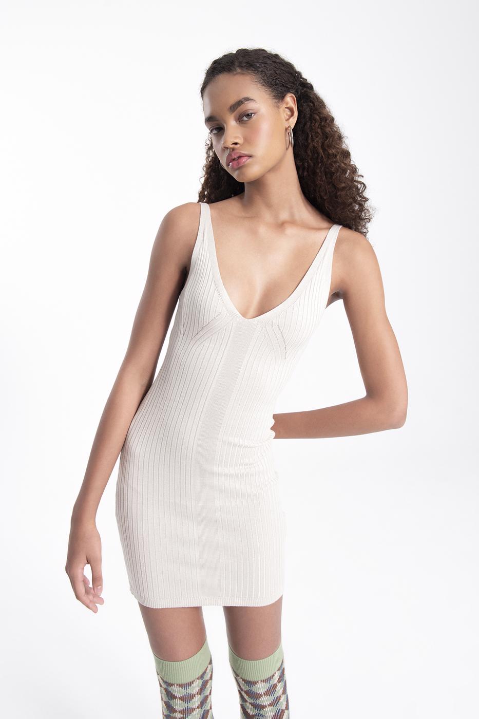 Bayan Bej Askılı Mini Triko Elbise