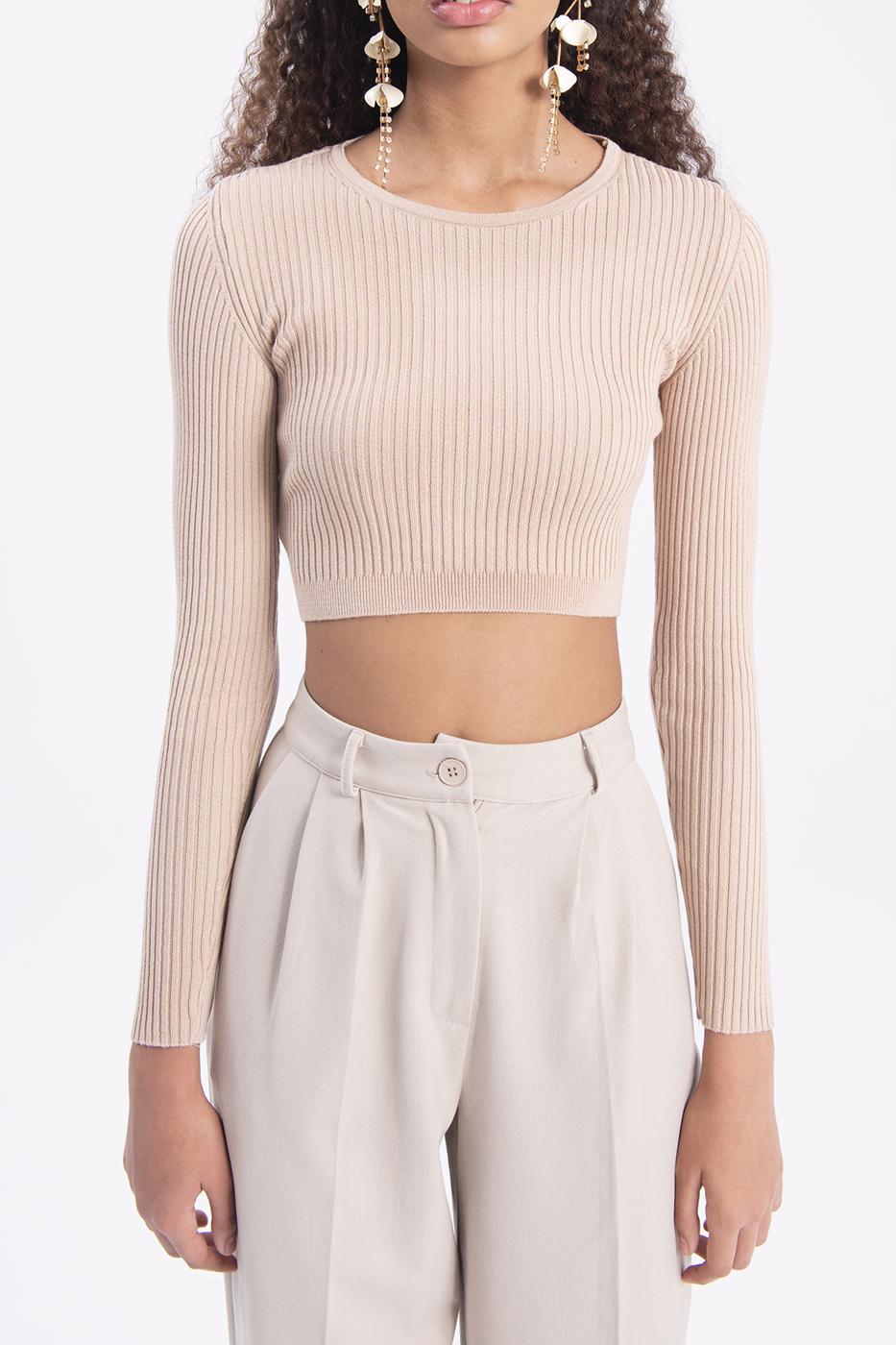 Bayan Bej Sırt Çapraz Bağlamalı Crop Triko Top