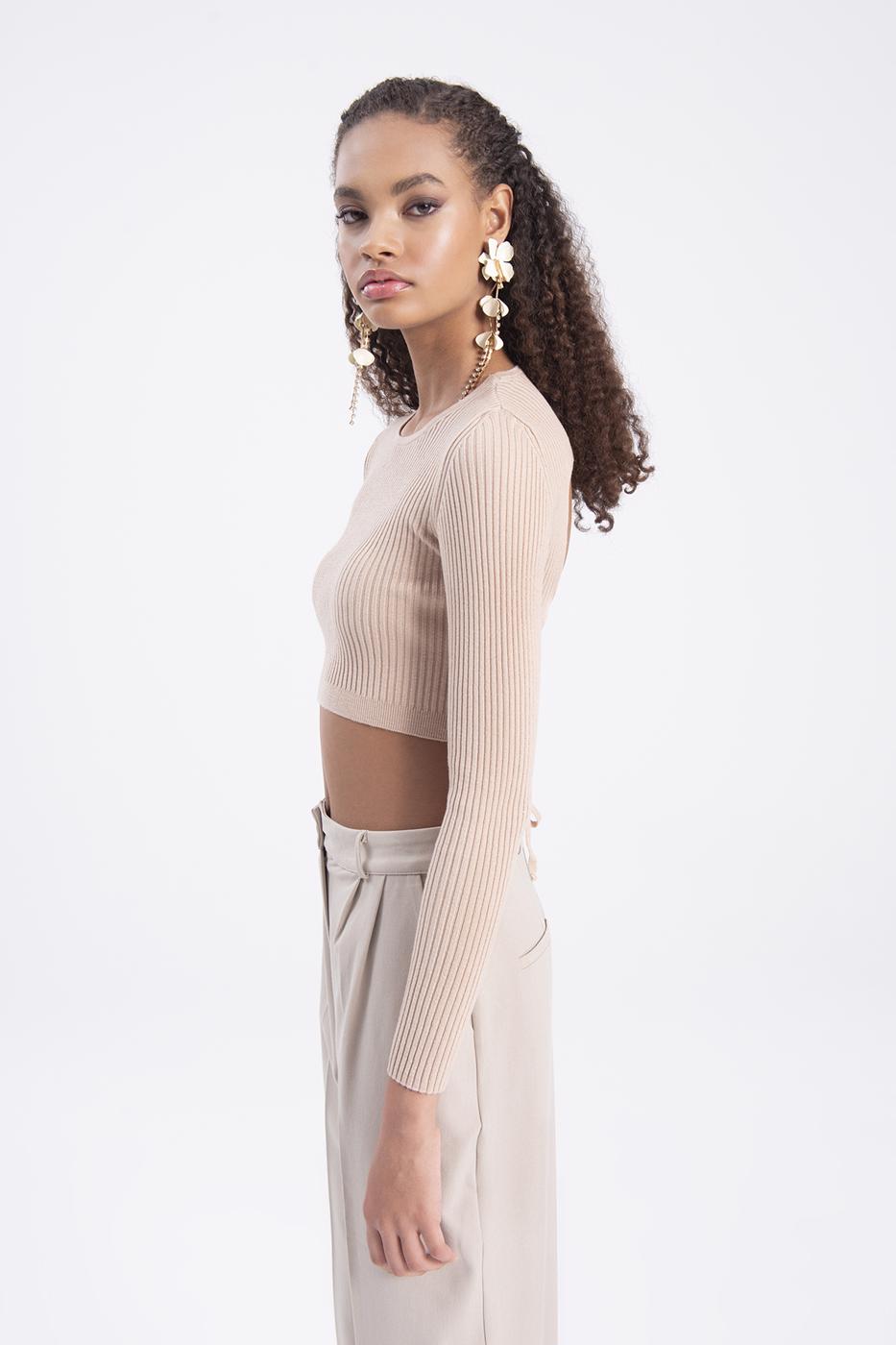 Bayan Bej Sırt Çapraz Bağlamalı Crop Triko Top