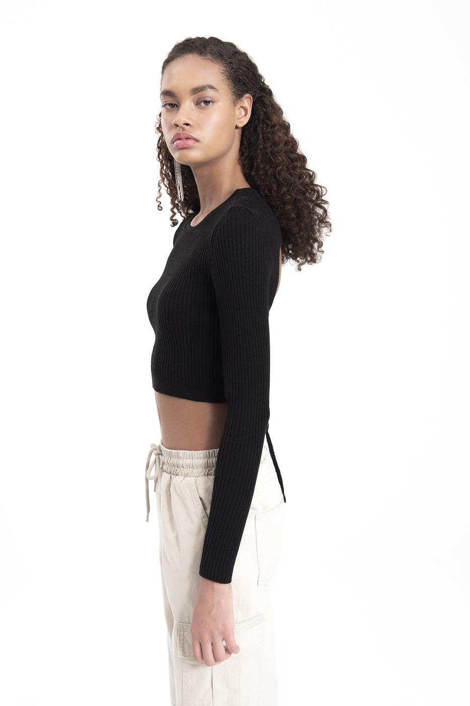 Bayan Siyah Sırt Çapraz Bağlamalı Crop Triko Top