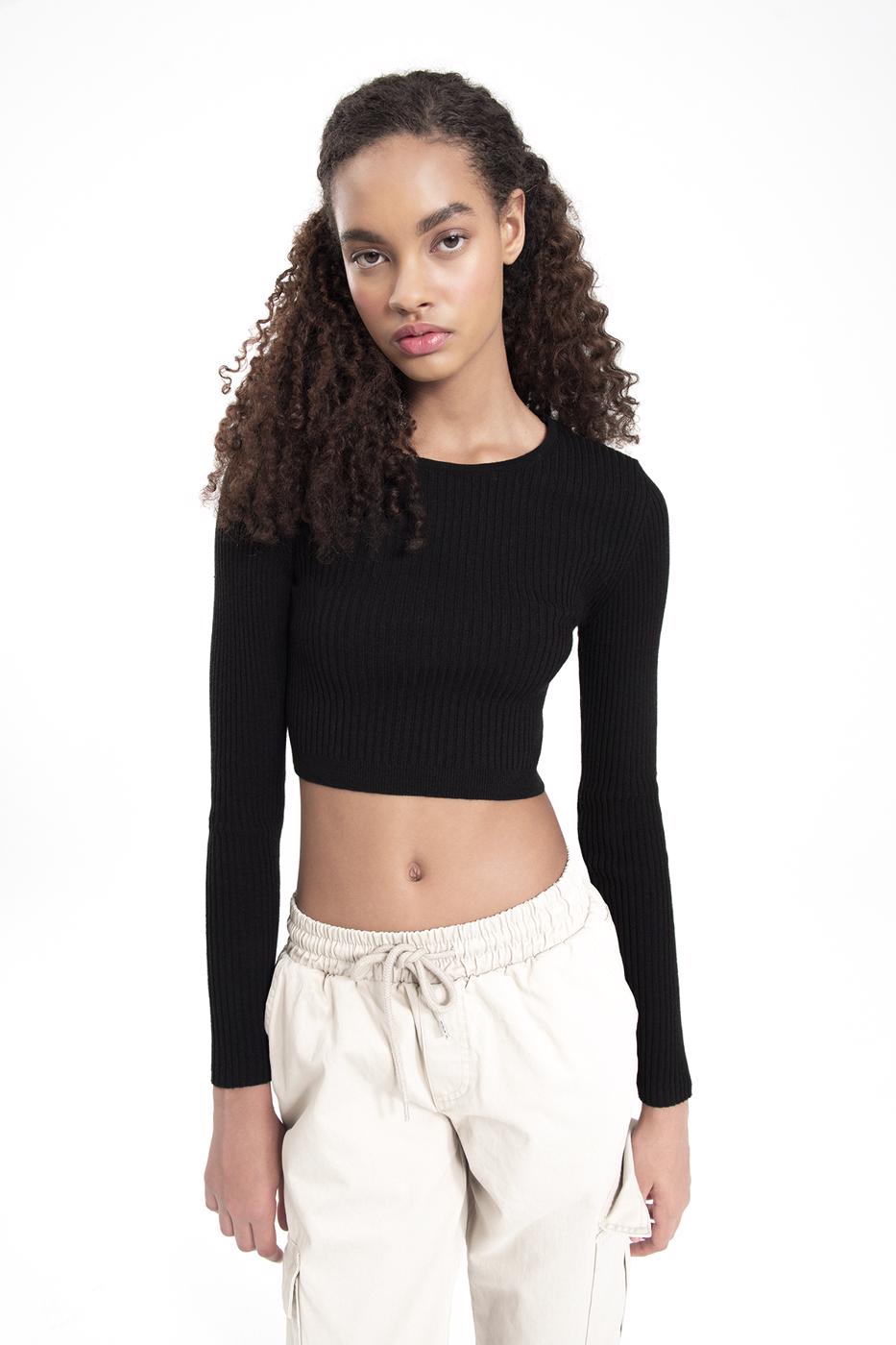 Bayan Siyah Sırt Çapraz Bağlamalı Crop Triko Top
