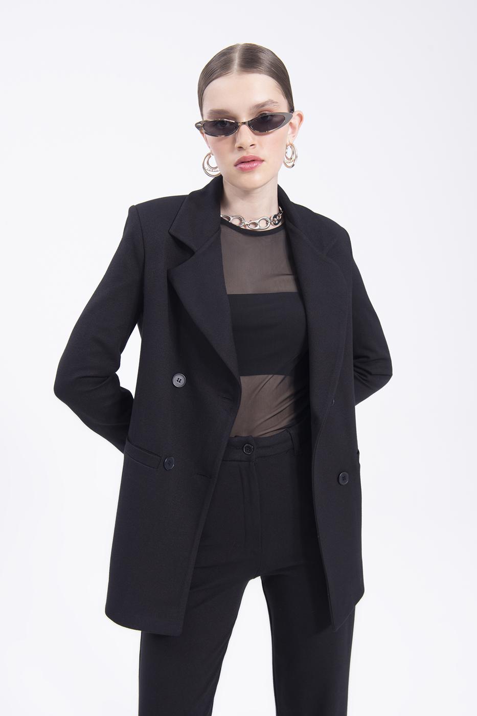 Bayan Siyah Kruvaze Kapama Blazer Ceket