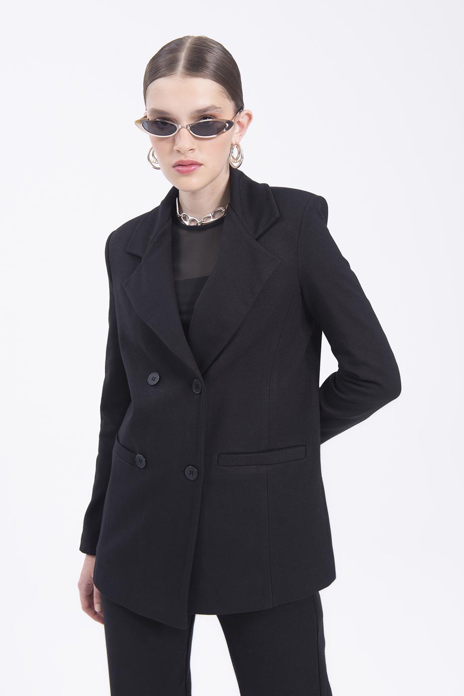 Bayan Siyah Kruvaze Kapama Blazer Ceket