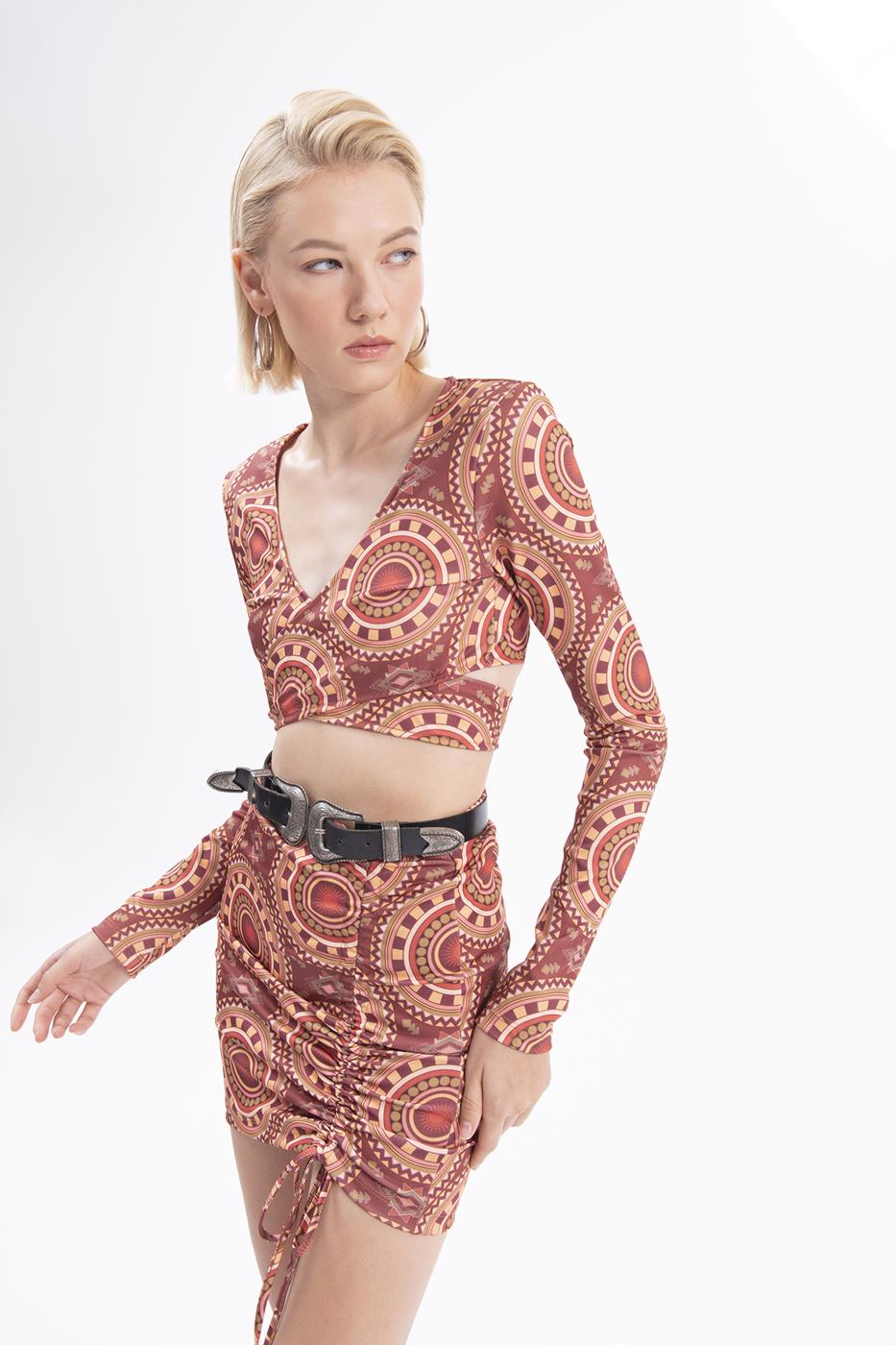 Bayan Bordo Büzme İpli Mini Etek