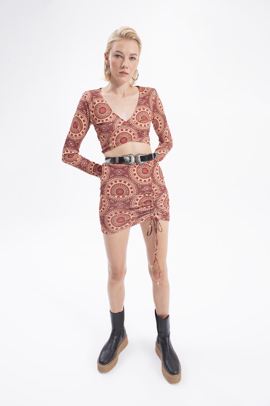 Bayan Bordo Büzme İpli Mini Etek