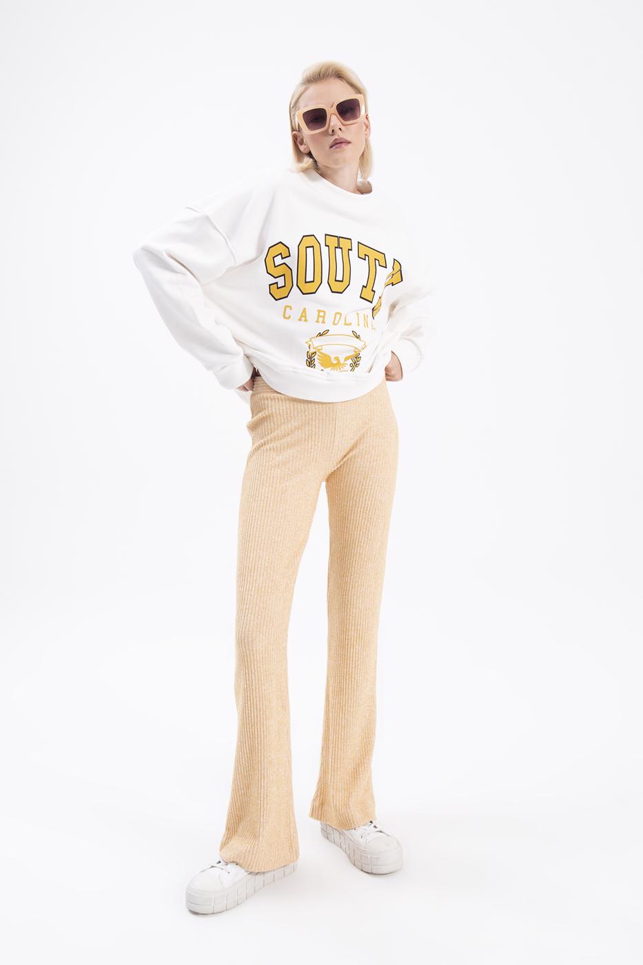 Bayan Sarı Fitilli Boru Paça Pantolon