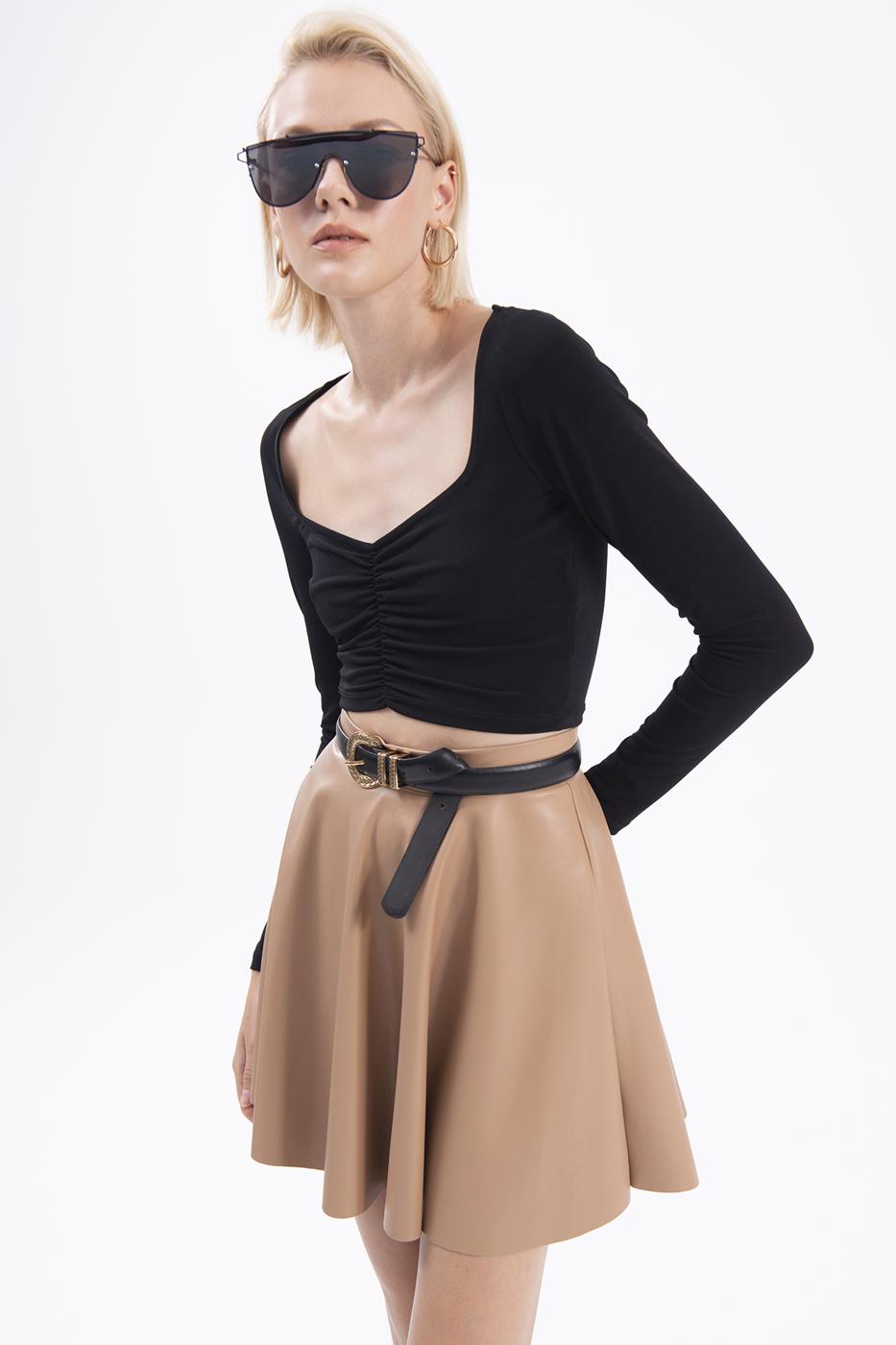 Bayan Camel Kloş Suni Deri Mini Etek