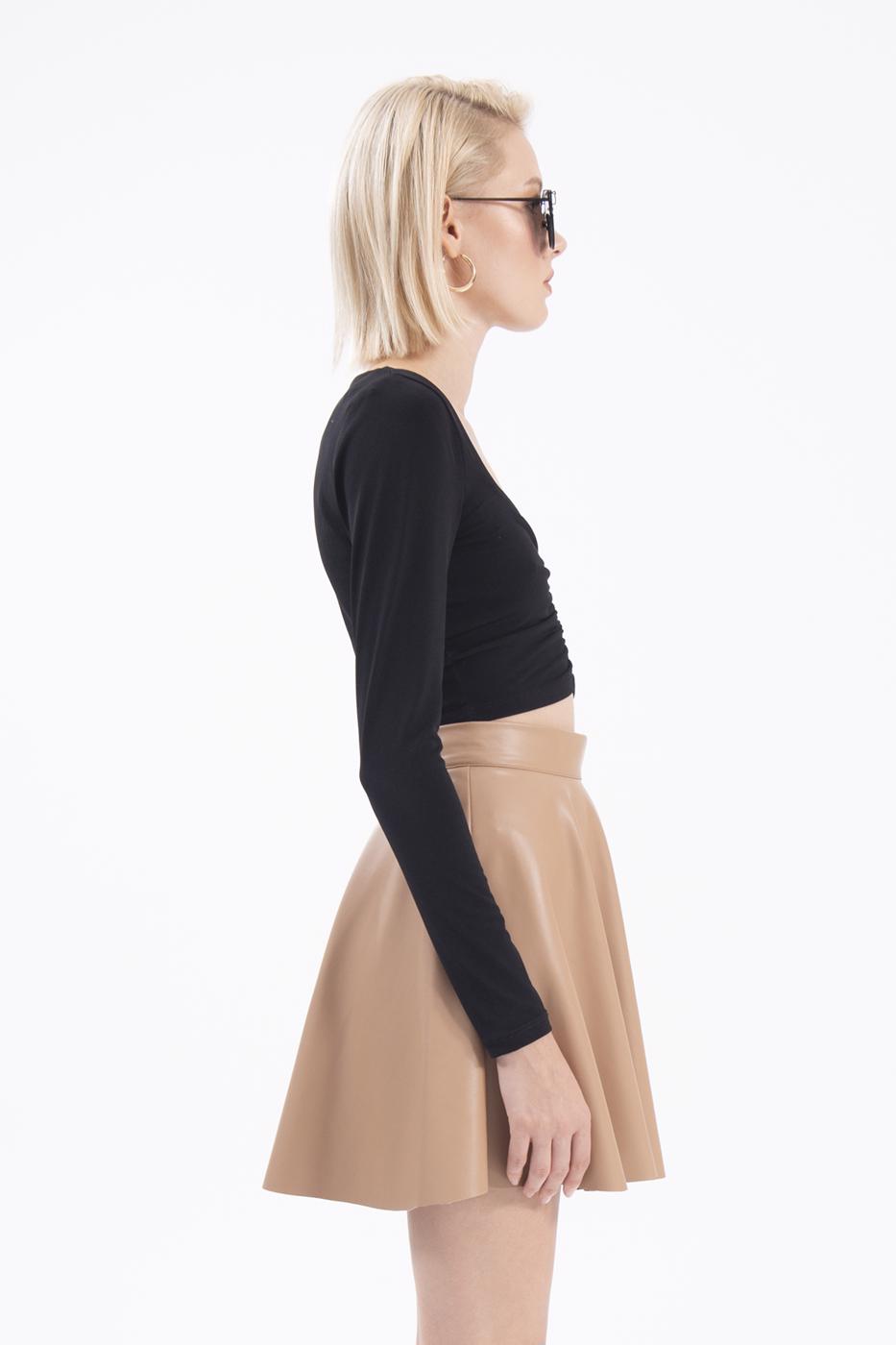 Bayan Camel Kloş Suni Deri Mini Etek